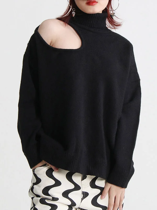 Hollow Solid Color Long Sleeves Loose High-Neck Sweater Tops Pullovers Knitwear