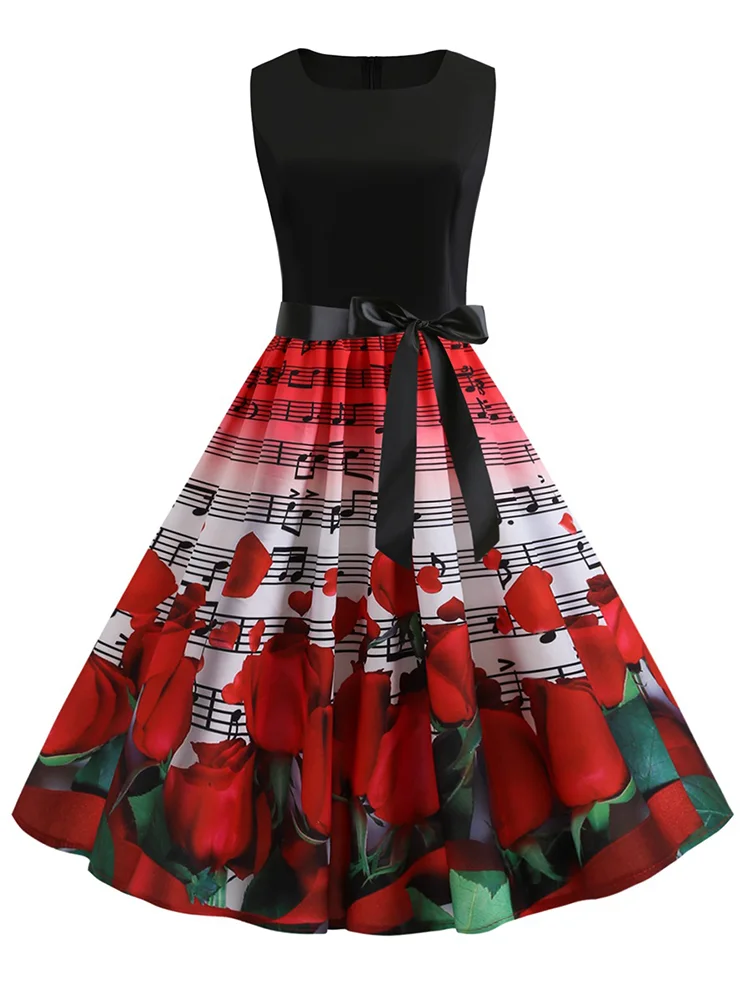 Classy Tied Roses & Music Notes Wide Skirt Midi Dress