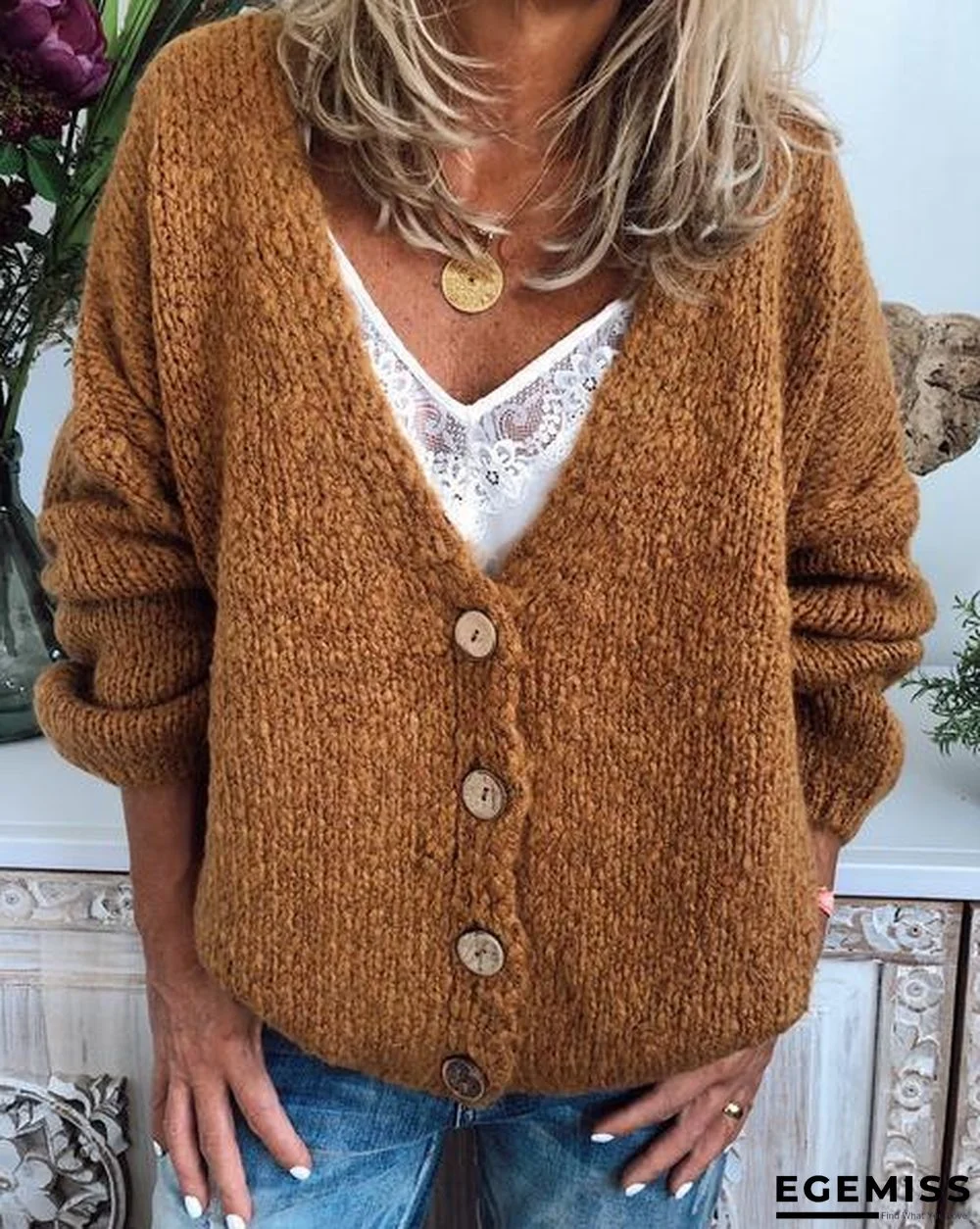 Casual Cotton-Blend V Neck Cardigan-Outerwear | EGEMISS