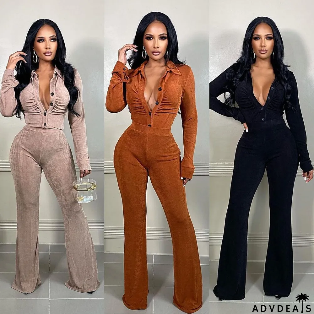 Solid Long Sleeve Two Piece Pants Set