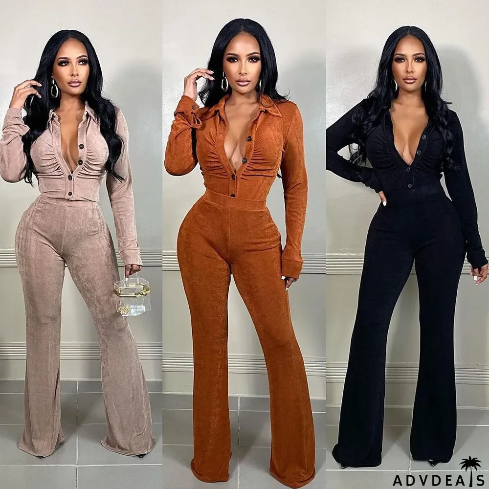 Solid Long Sleeve Two Piece Pants Set