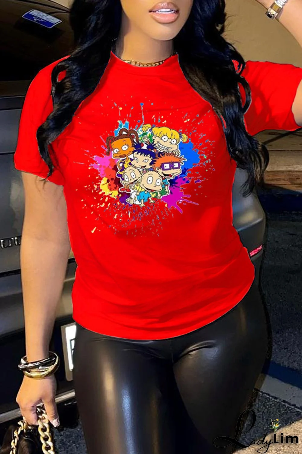 Pink Fashion Casual Cartoon Print Basic O Neck T-Shirts