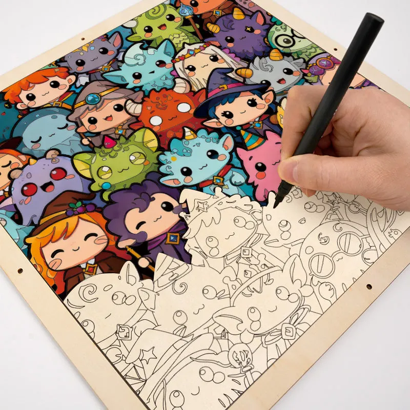 A hand coloring the wooden puzzle