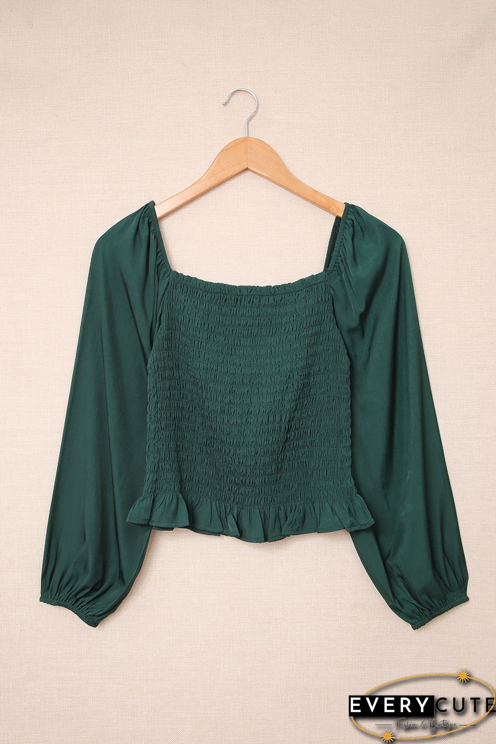 Green Puff Sleeve Smocked Top