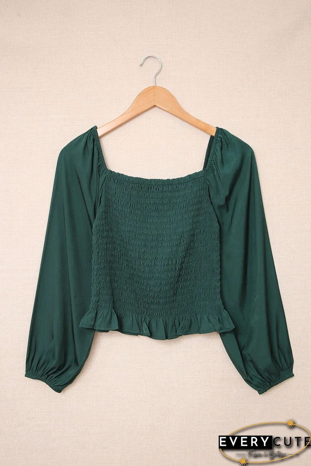 Green Puff Sleeve Smocked Top