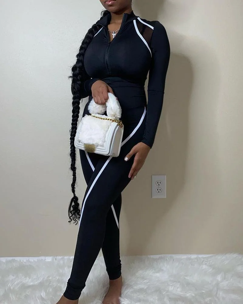 Colorblock Zipper Design Long Sleeve Skinny Jumpsuit
