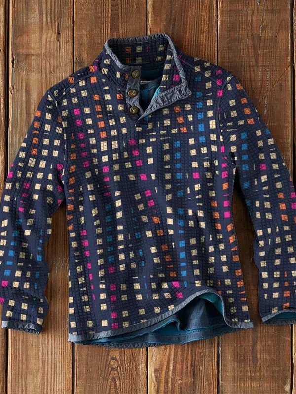 Men's Waffle Collar Printed Long Sleeve T-Shirt