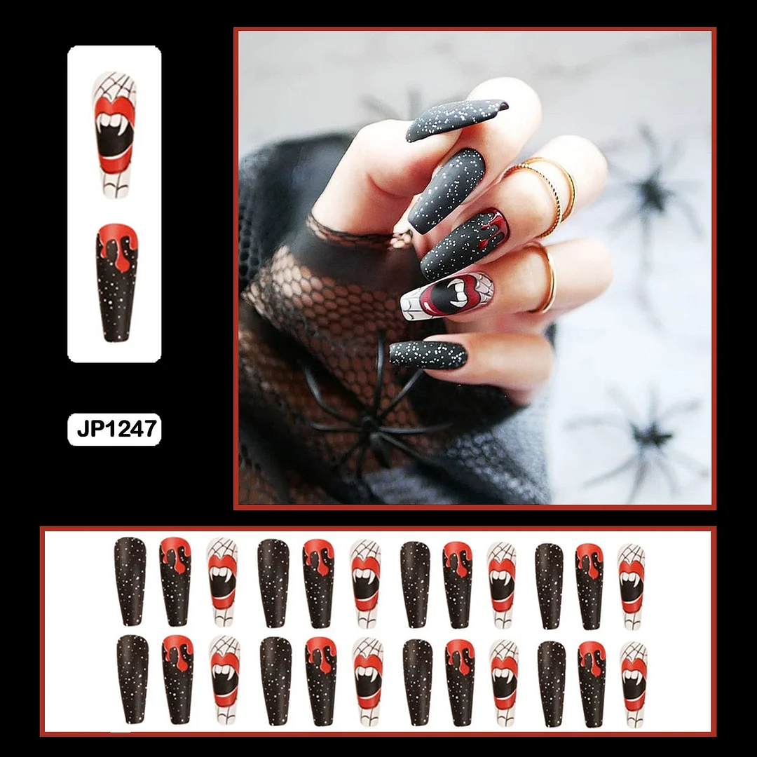 24PCS Dark Punk False Nails with Glue Gradient Long Detachable Fire Stick on Nails Skull Flame  Art DIY Fashion Manicure Tool-Nail Inspo