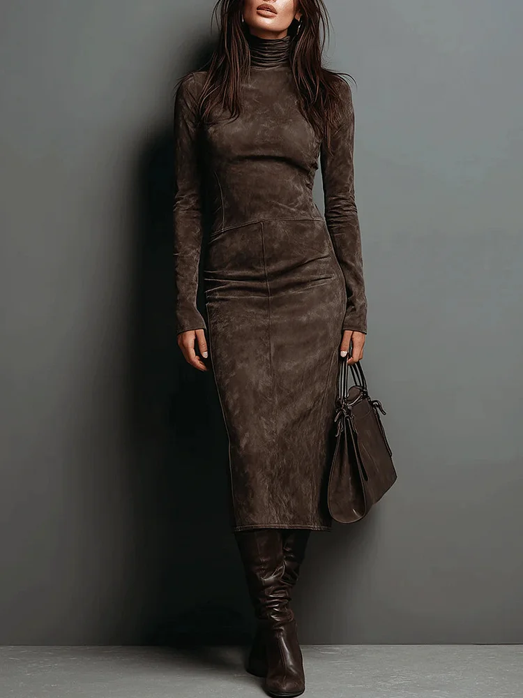 High Neck Long Sleeve Suede Midi Dress