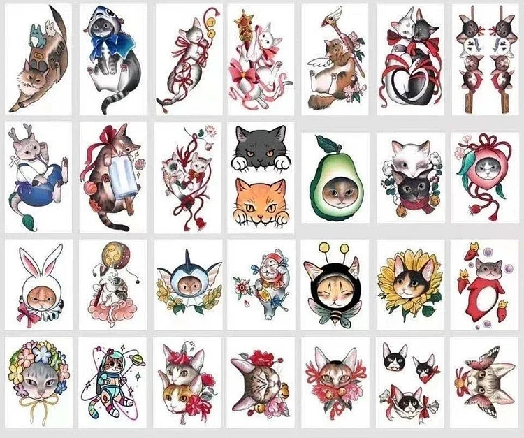 30PCS Cute Cartoon Cat Temporary Tattoos Waterproof Flash Decals Arm Wrist Body Art Fake Tatto Stickers Tatoos Animal Stickers