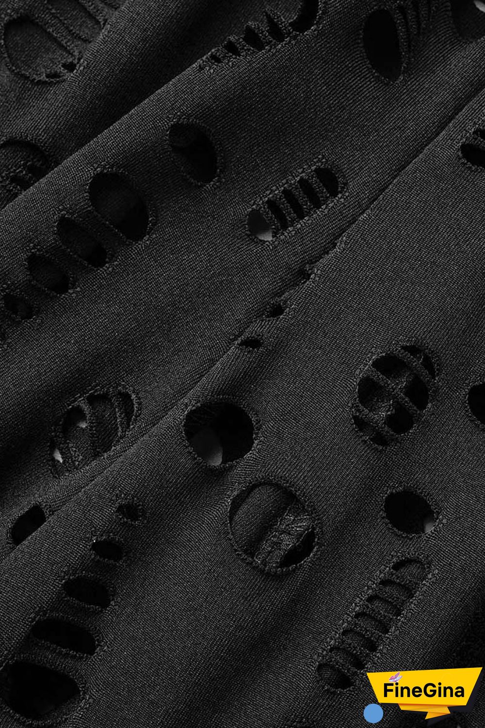 Black Sexy Solid Ripped Hollowed Out O Neck Short Sleeve Two Pieces