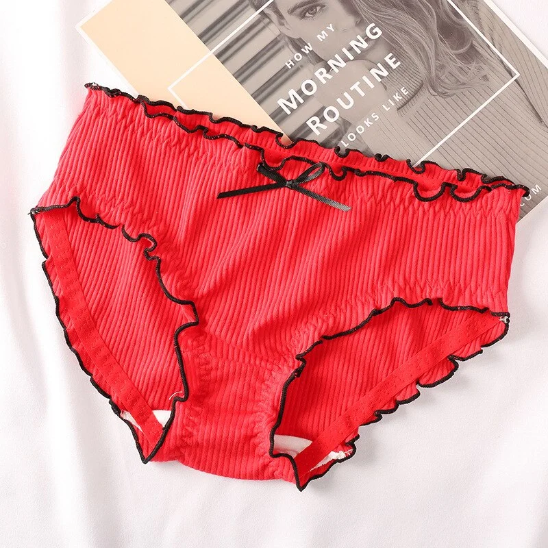 Billionm Japan Style Briefs Sexy Comfort Cotton Mid Waist Women Panties Lovely Bow Stripe Lingerie Solid Health Sleep Underwear