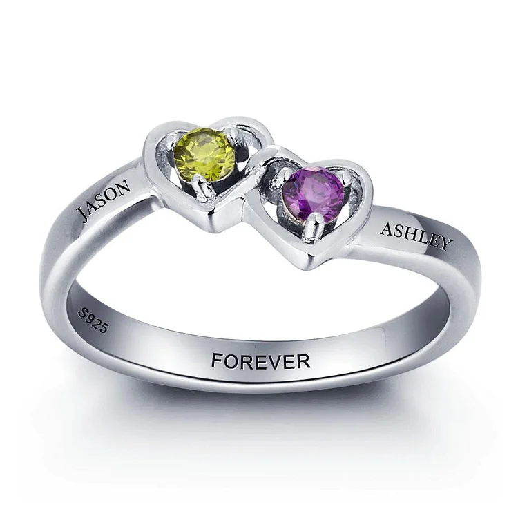Heart Shape Promise Ring Personalized with 2 Birthstones Engraved 2 Names Custom Mother Ring
