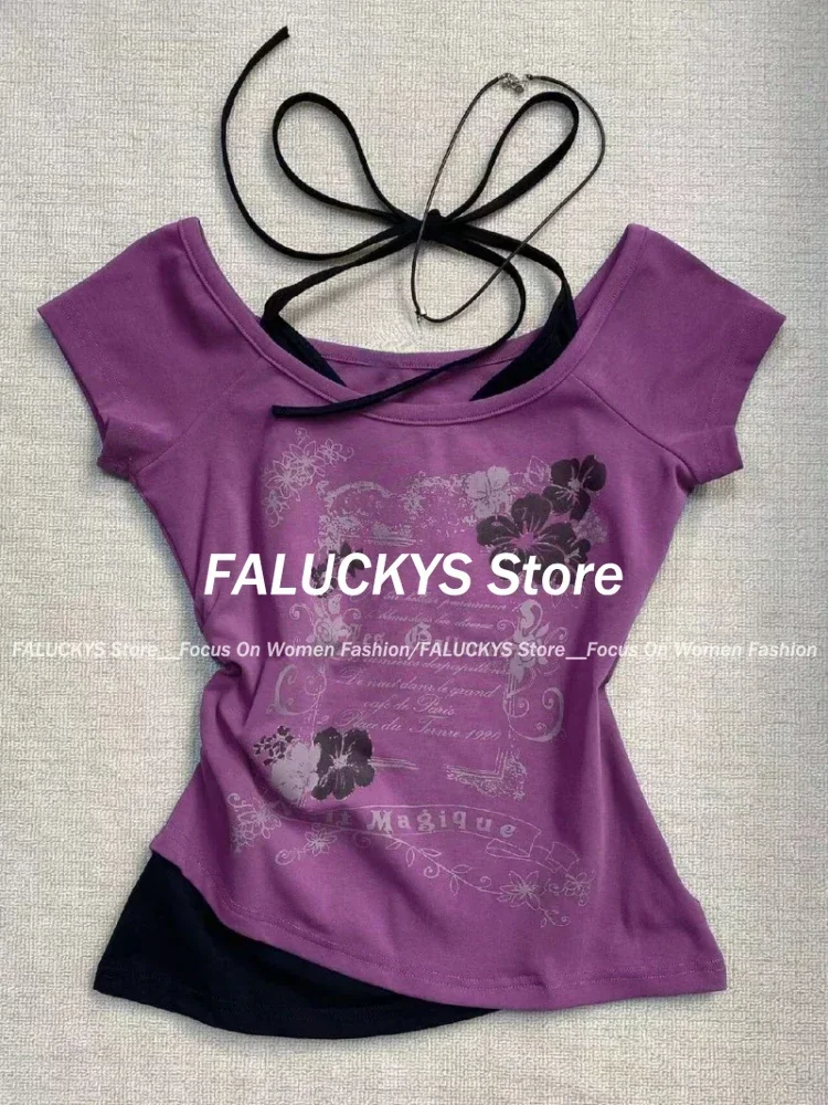Aonga Summer Retro Purple Halter Fake Two Piece Print T-Shirt Women Y2K Streetwear Hot Girl Slim Fit Harajuku Fashion Casual Tops New aonga
