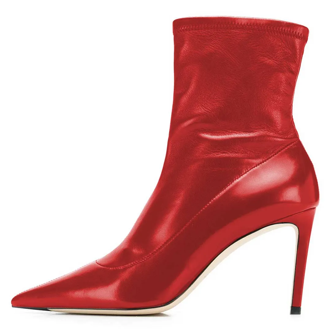 Red Vegan Leather Pointed Toe Stiletto Heel Short Sock Boots