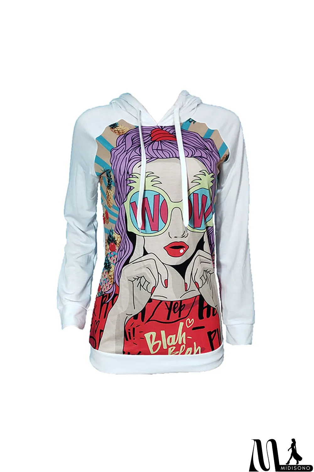 MidiSono - White hooded Print Cotton Blend Long Sleeve Sweats & Hoodies