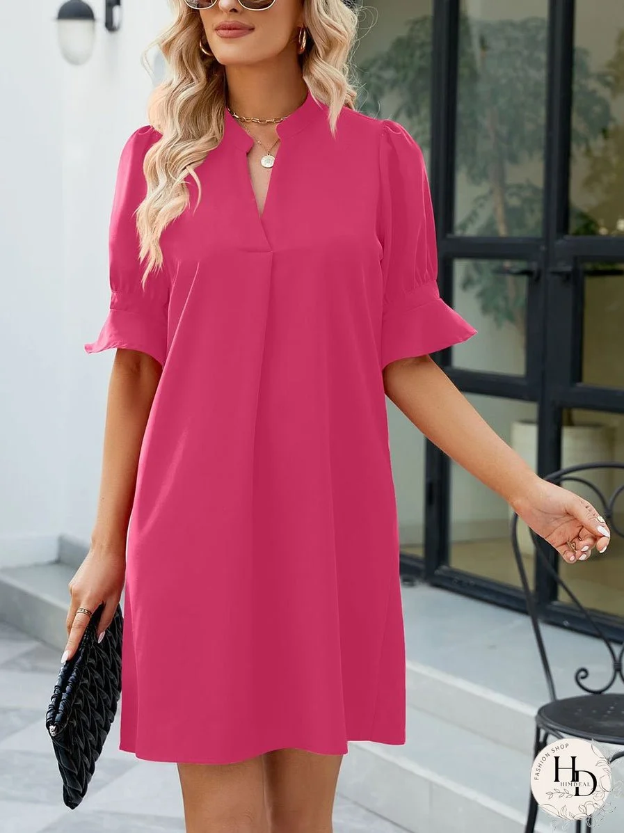 Solid Color Loose V Neck Half Sleeve Mini Dress