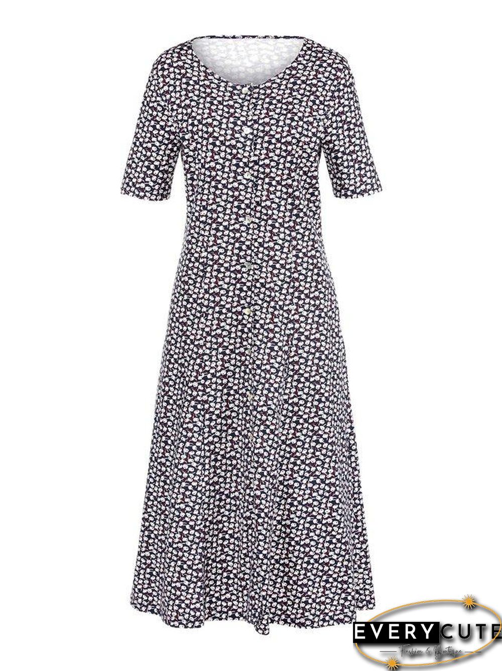 Floral Midi Dress Plus Size Summer Crew Neck Dresses