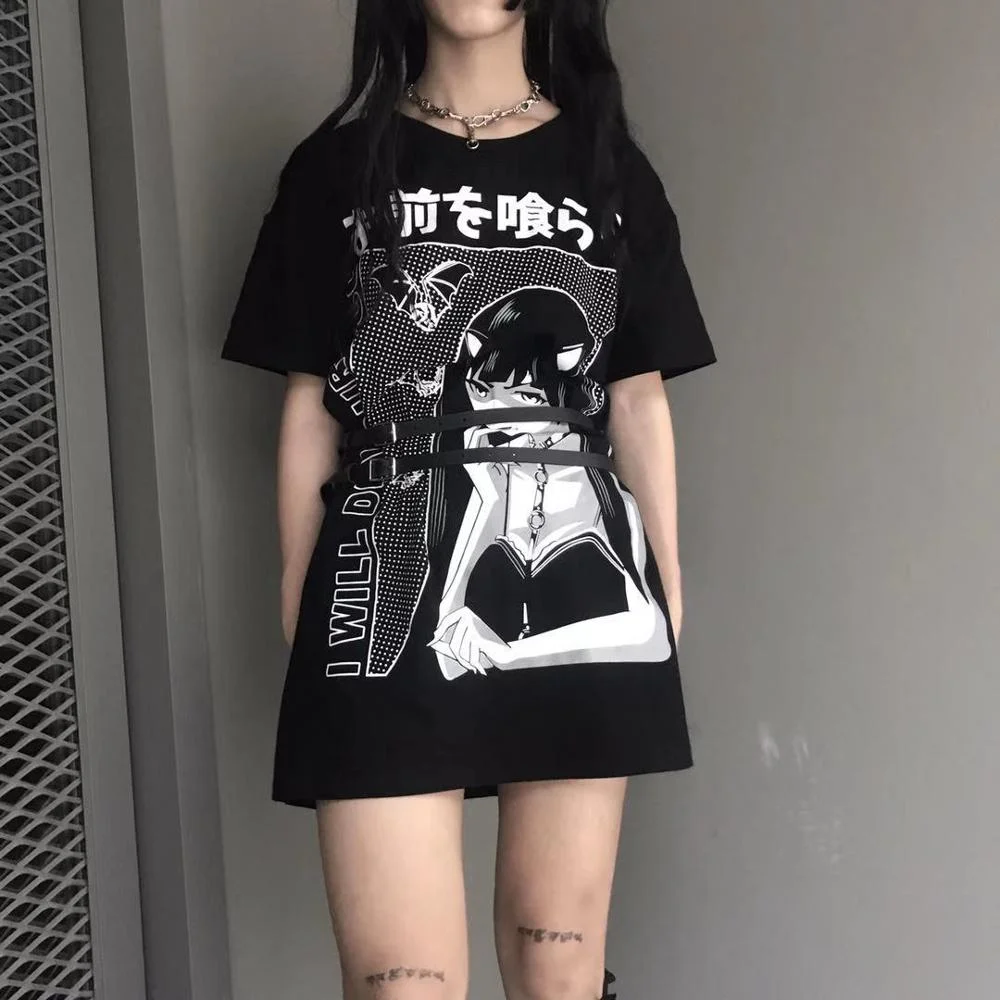 InsGoth Harajuku Loose Long T-shirts Women Gothic Streetwear Oversize Black T-shirts Grunge Printed Fashion Female Vintage Tops