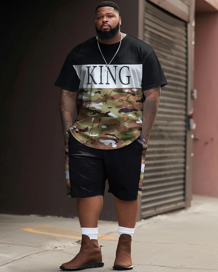 Men's Large Size Letter King Camouflage Patchwork T-shirt & Shorts Set
