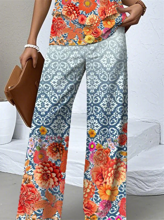 Women's Sleeveless Square Collar Graphic Printed Casual Set