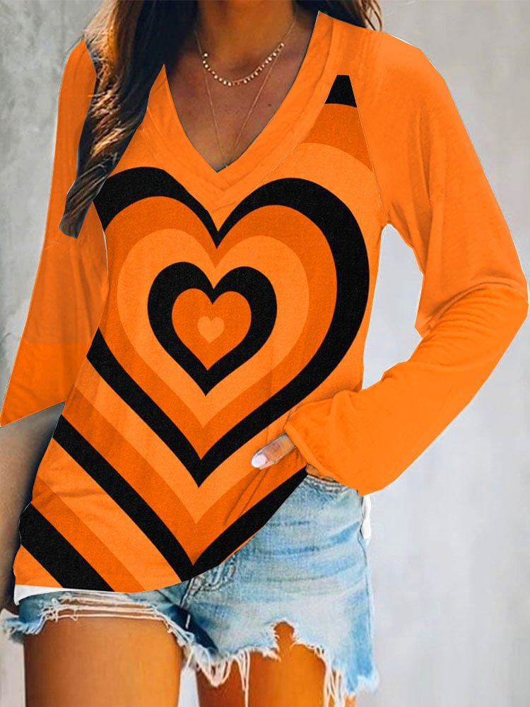 Artwishers Halloween Pumpkin Heart Print V Neck T Shirt