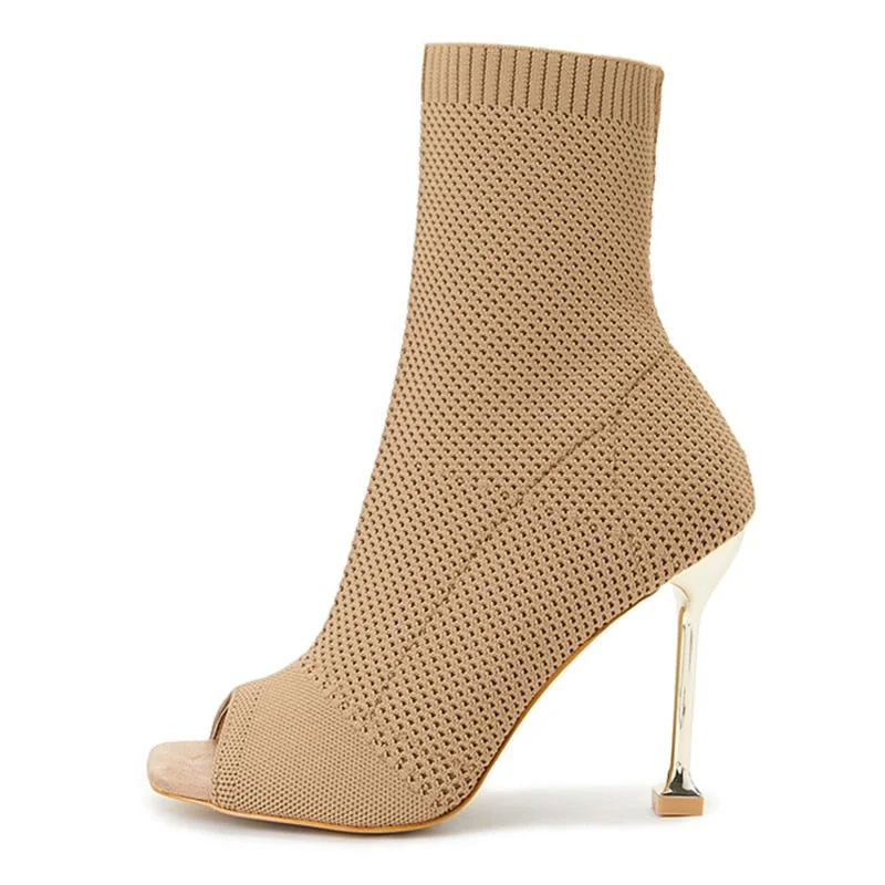 Fashion Peep Toe Black Fabric Knitting Ankle Socks Boots Small Hole Hollow Out Women Metal High Heels Party Dance Shoes Size 42