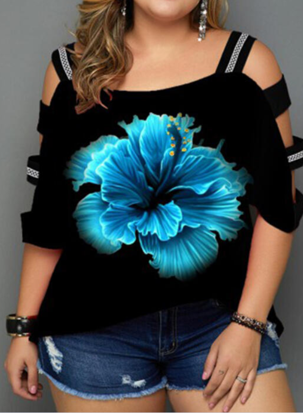 Print Floral Cold Shoulder 3/4 Sleeves Casual Plus Size T-shirts - VSMEE