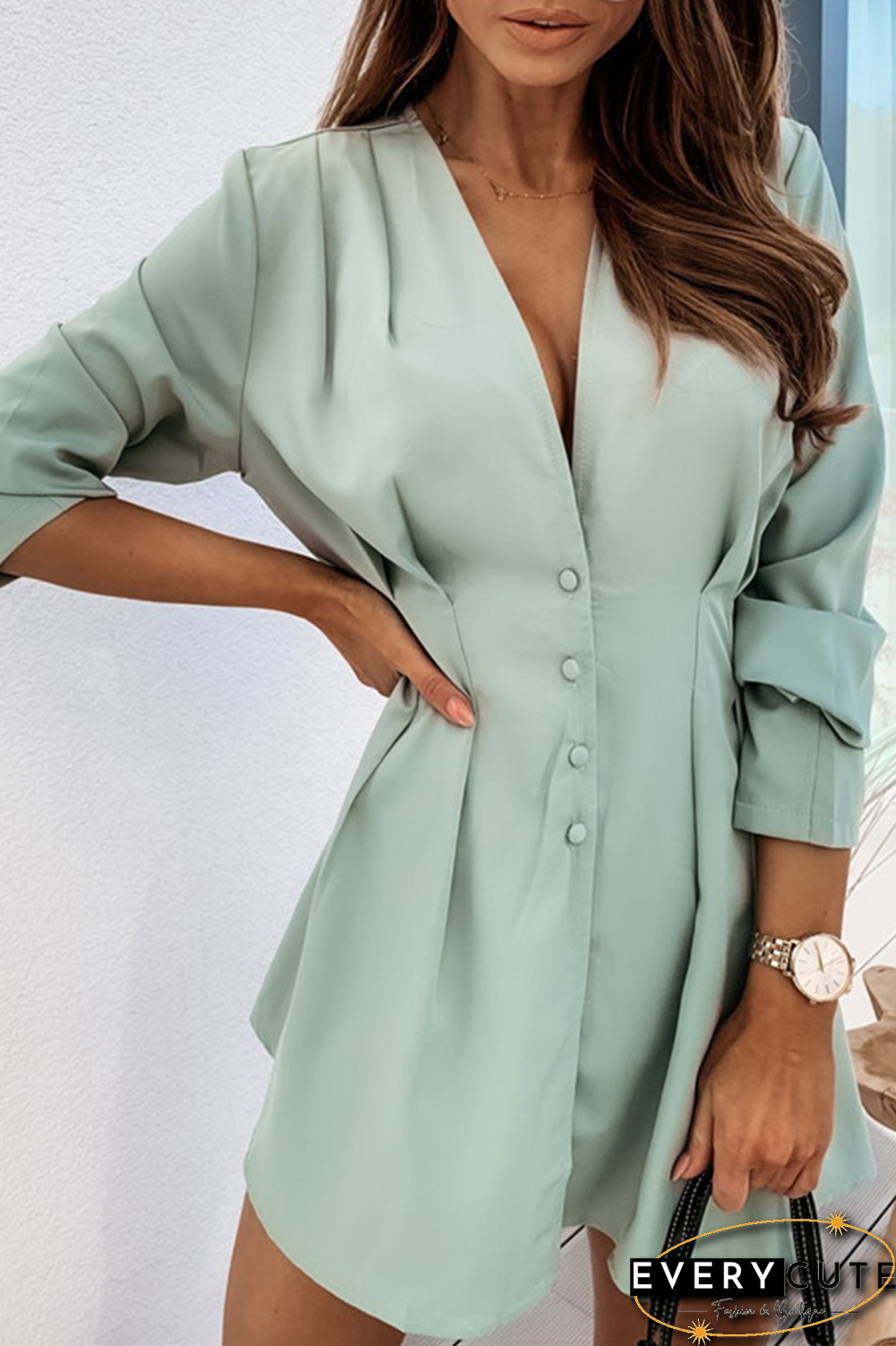 Casual Solid Patchwork V Neck Shirt Dress Dresses(4 Colors)