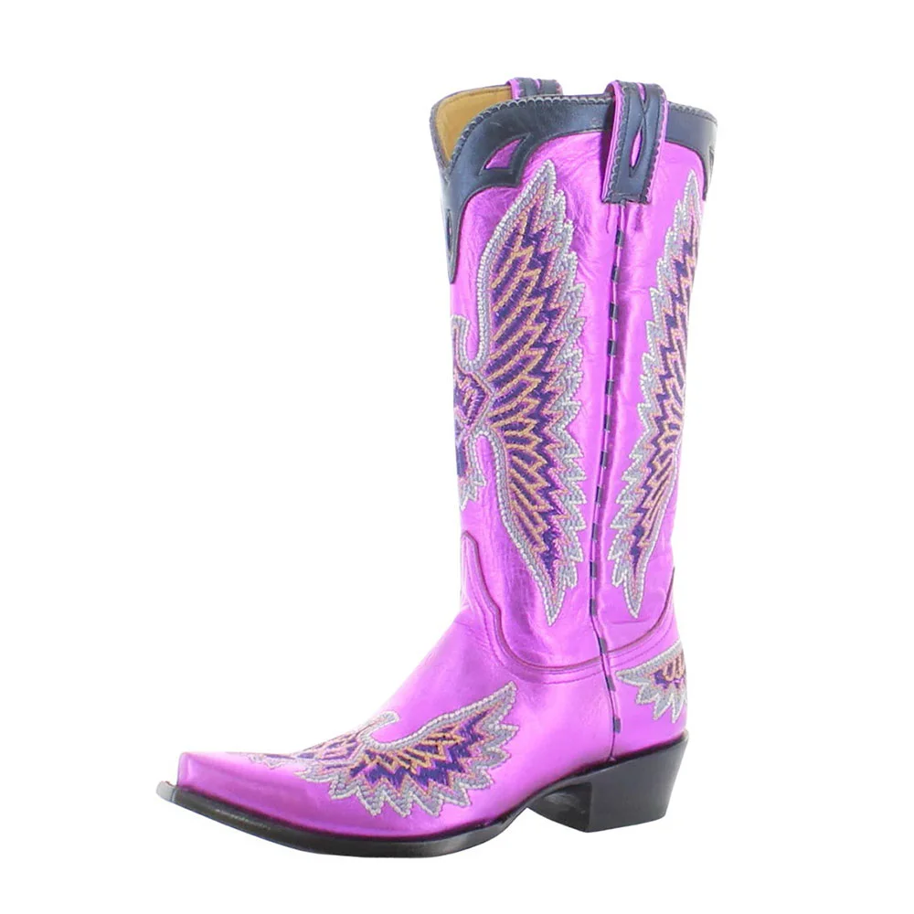 Metallic Purple Block Heel Snip Toe Wing Embroidered Cowboy Boots