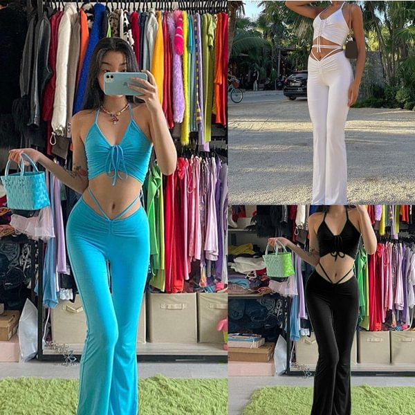 Streetwear Sexy Bandage Blue Co-Ord Suits 2000S Fashion Drawstring Halter Top And High Waist Flare Pants 2 Piece Set - Shop Trendy Women's Fashion | TeeYours