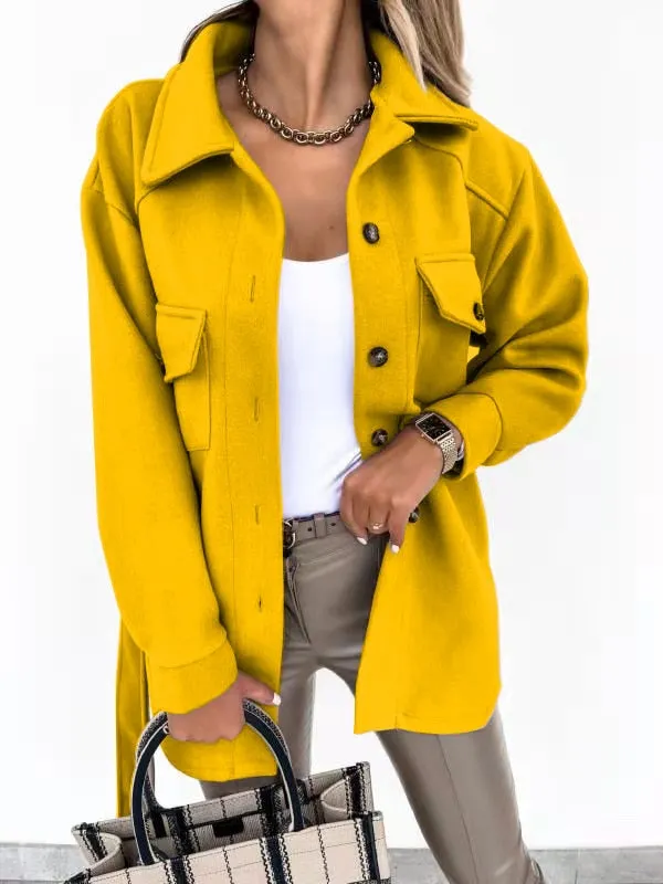 2021 fall/winter lapel single-breasted thick solid color shirt woolen loose coat women
