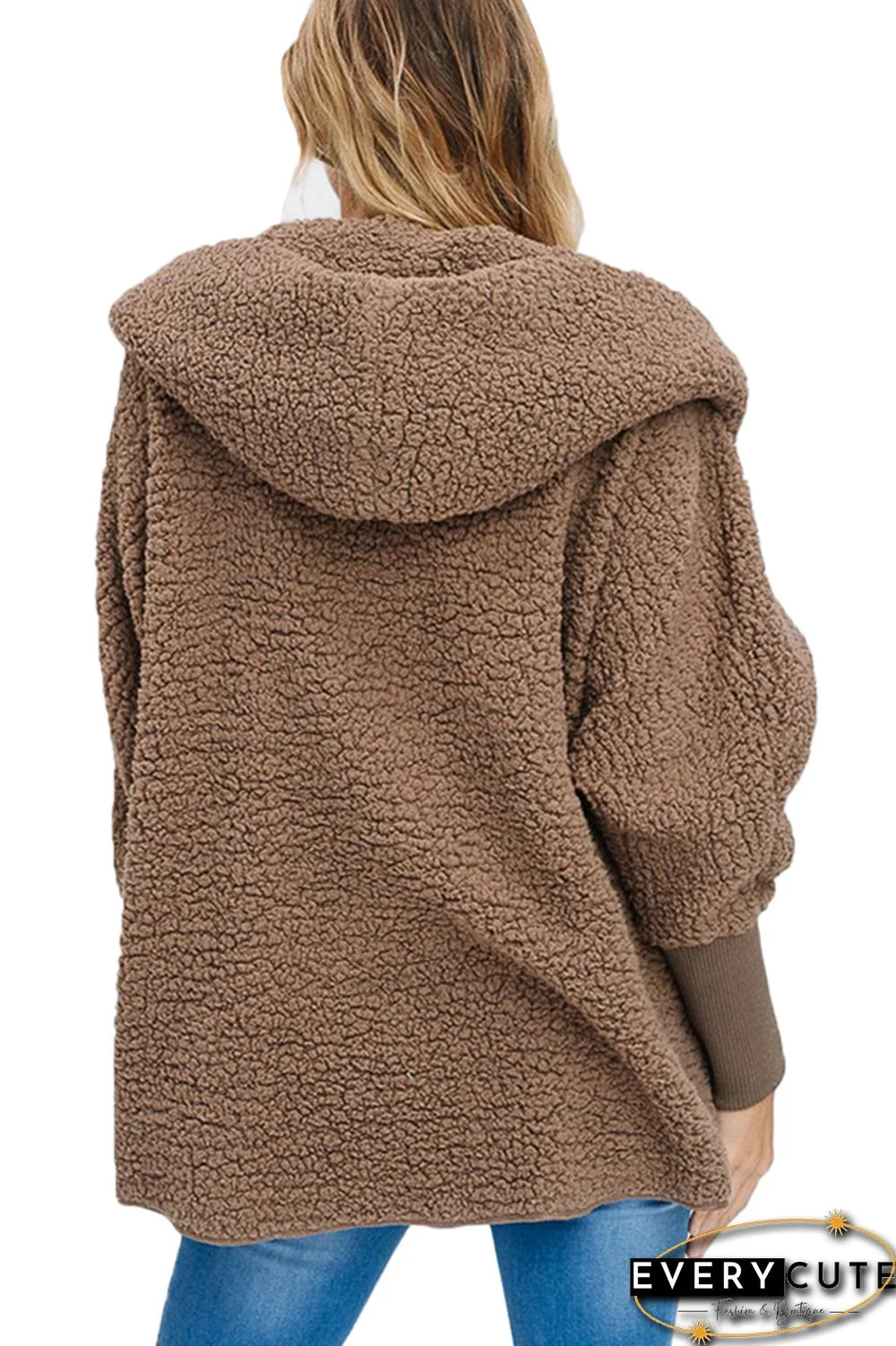 Coffee Woolen Fur Horn Button Oversize Jacket