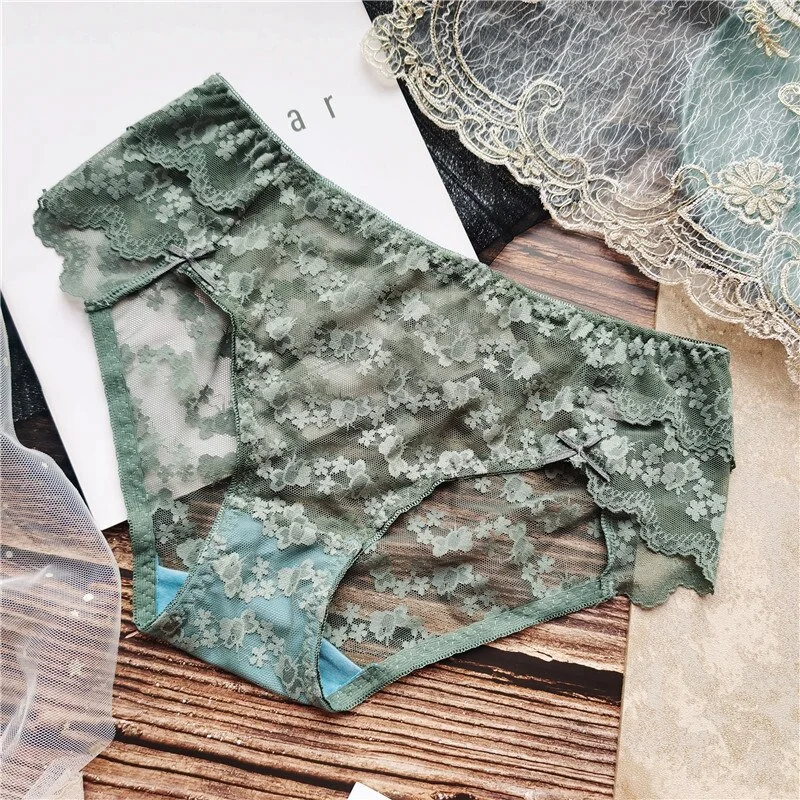 Billionm Full Lace Side Cake Layer Sexy Cute Bow Flower Low Waist Women's Briefs Perspective Solid Color Printing Fashion New Loli