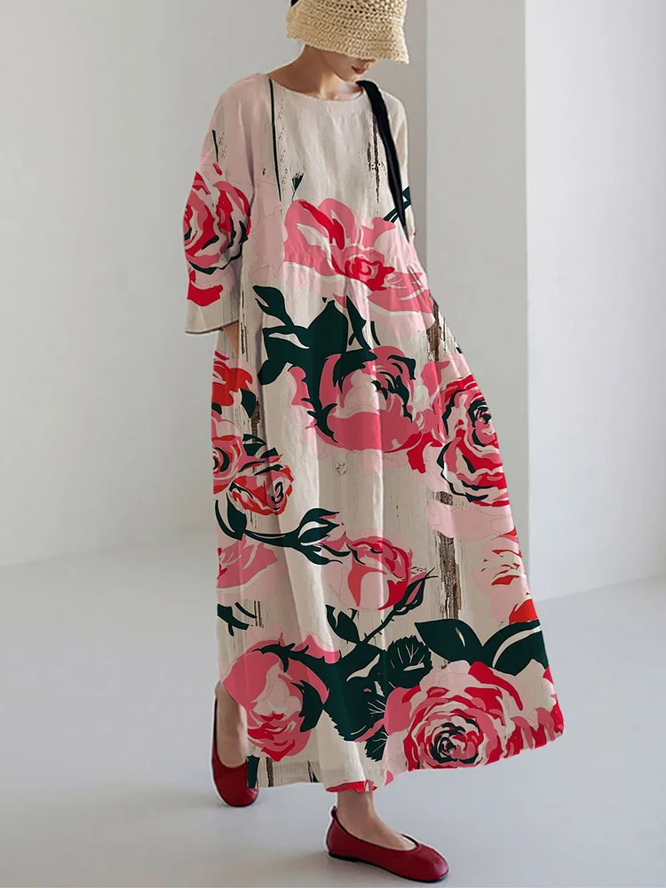 Women's Red Floral Print Plus Size Loose Printed Dress Long Skirt socialshop