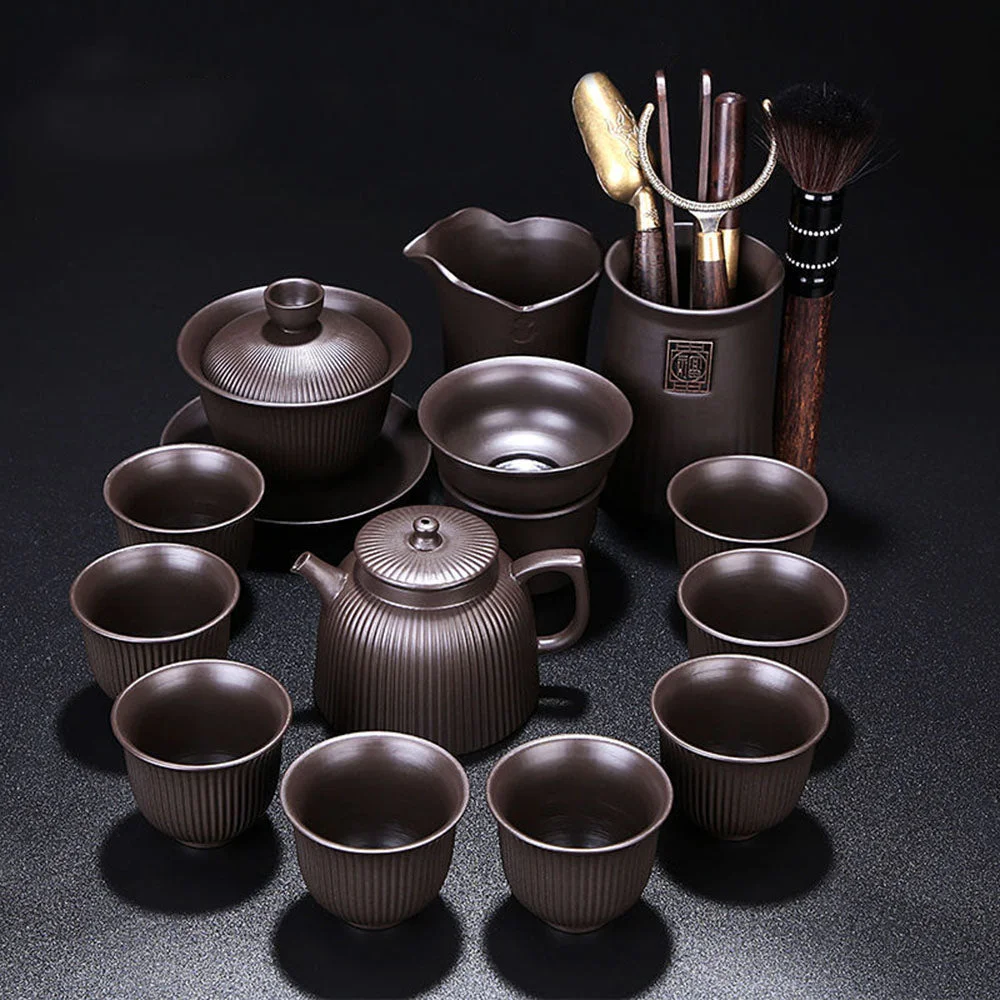 Yixing Purple Clay Xi Shi Stripes Tea Set