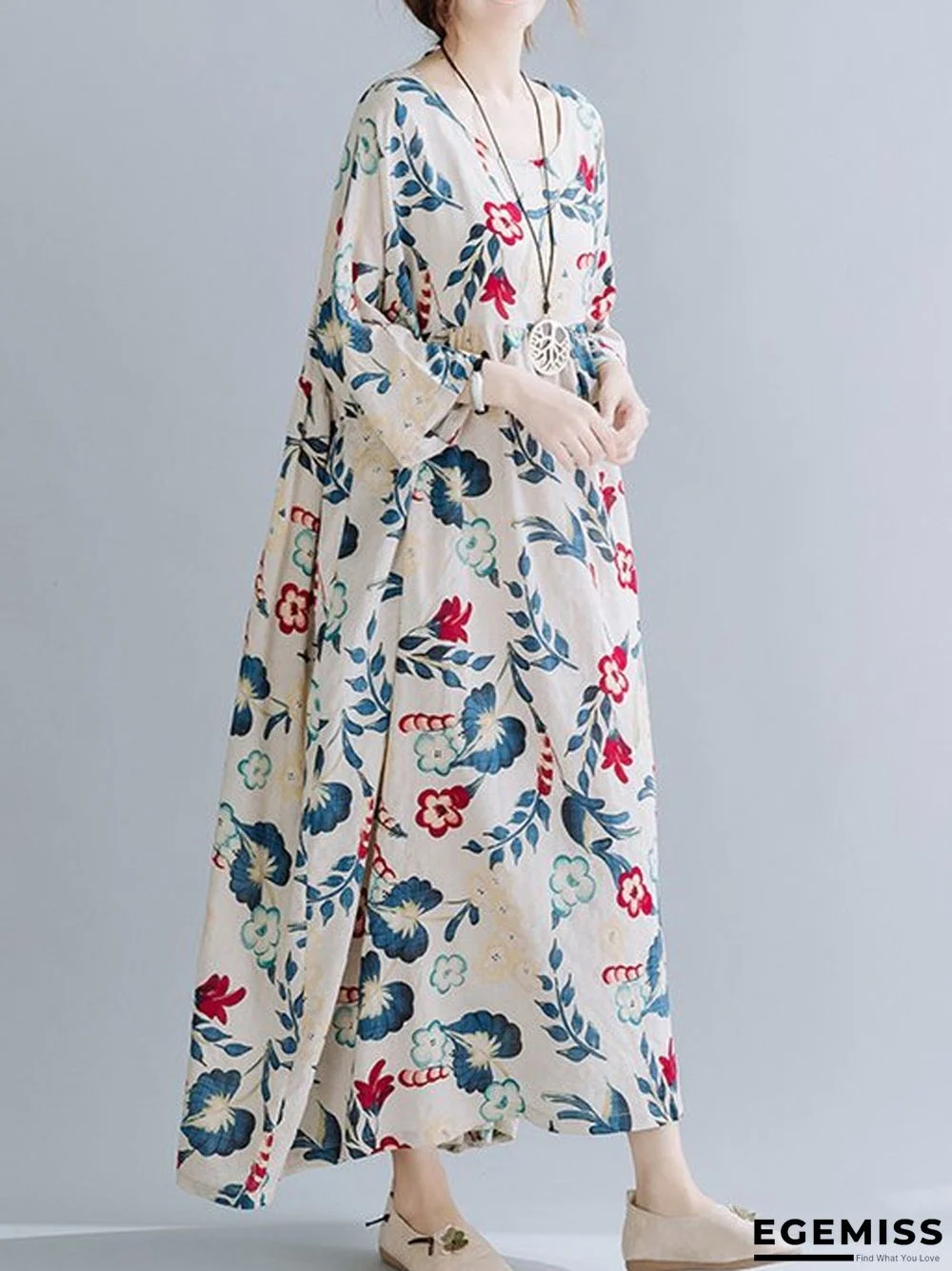 Large Loose Stitched Cotton Linen Print Short Sleeve Dress | EGEMISS