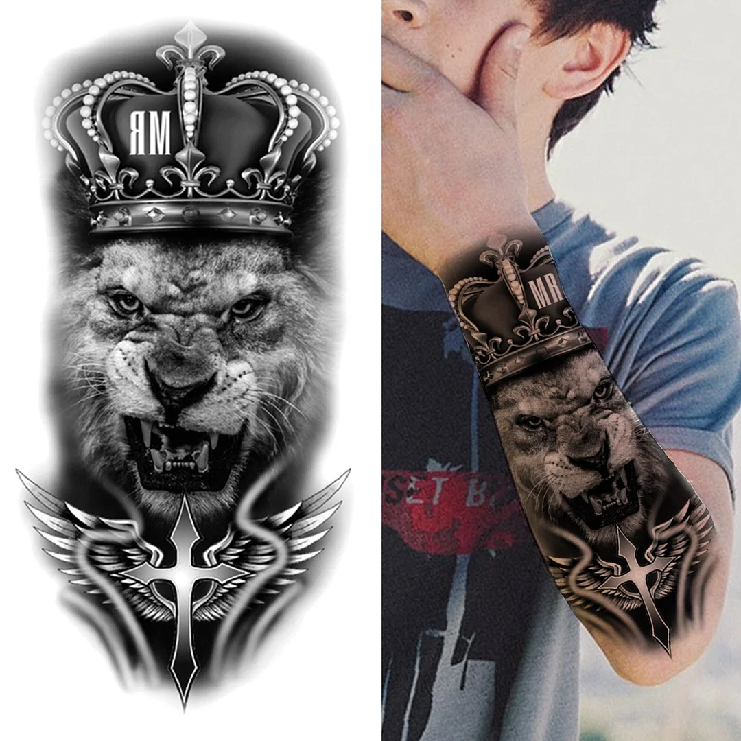 Lion King Crown Temporary Tattoos For Women Men Adult Black Tiger Forest Skull Tattoo Sticker Fake Skeleton Fashion Tatoo Flower