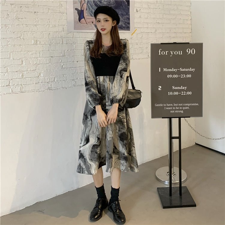 Long Sleeve Dress Women Patchwork Streetwear Harajuku Tie Dye Trendy Ulzzang Slender Chic O-neck Female A-line Elegant Vestido