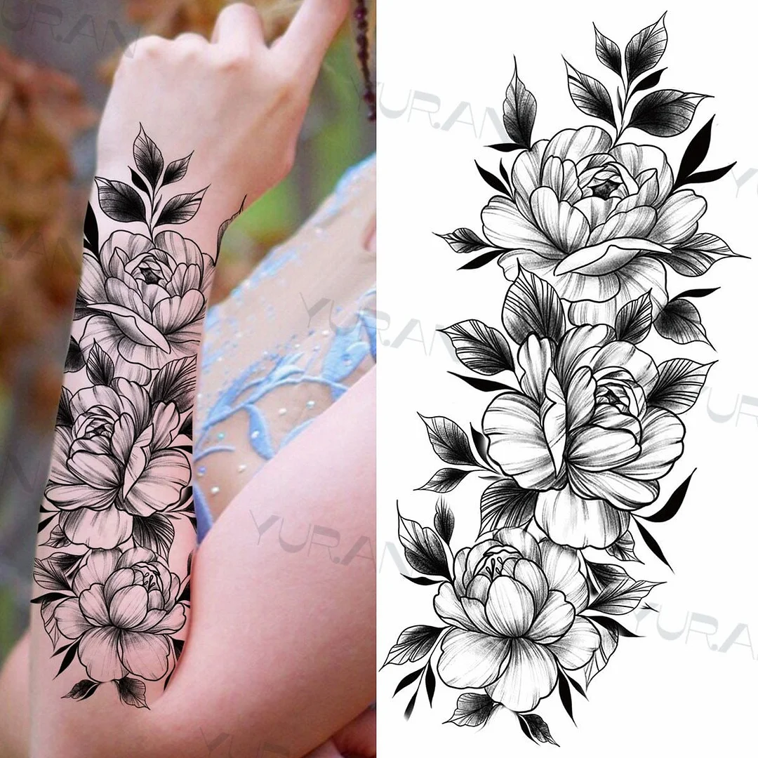 Black Large Snake Flower Fake Tattoo Sticker For Women Dot Rose Peony Temporary Tattoos DIY Water Transfer Tatoos Girls 1029