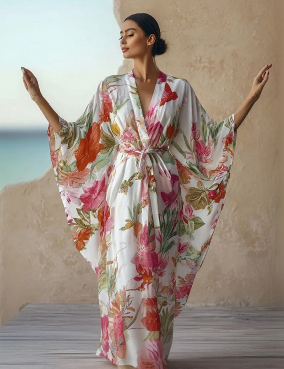 Chiffon Art Resort Pattern Kimono Robe (with Belt)