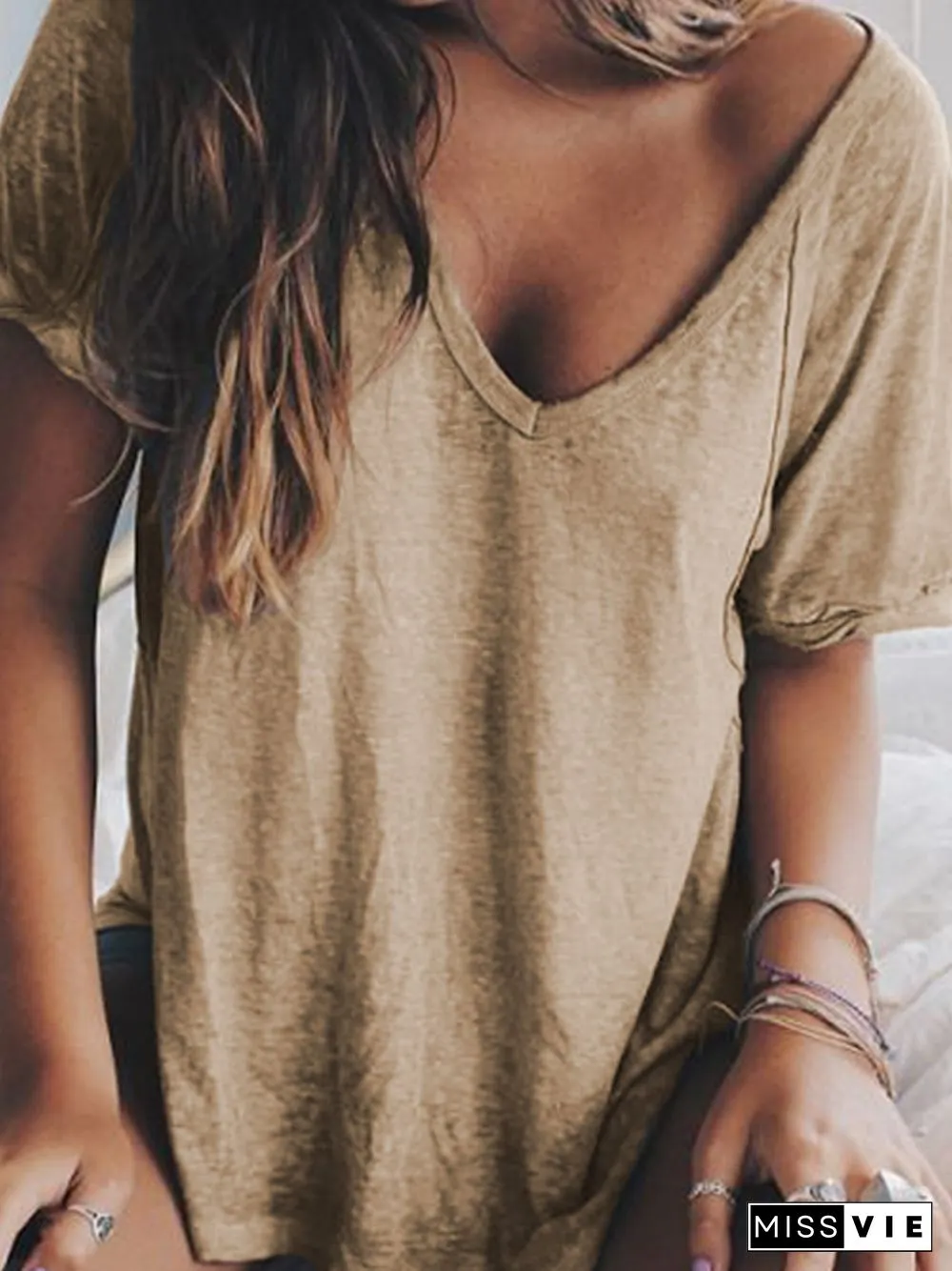 Woman Summer Casual V neck Loose T Shirt Tops