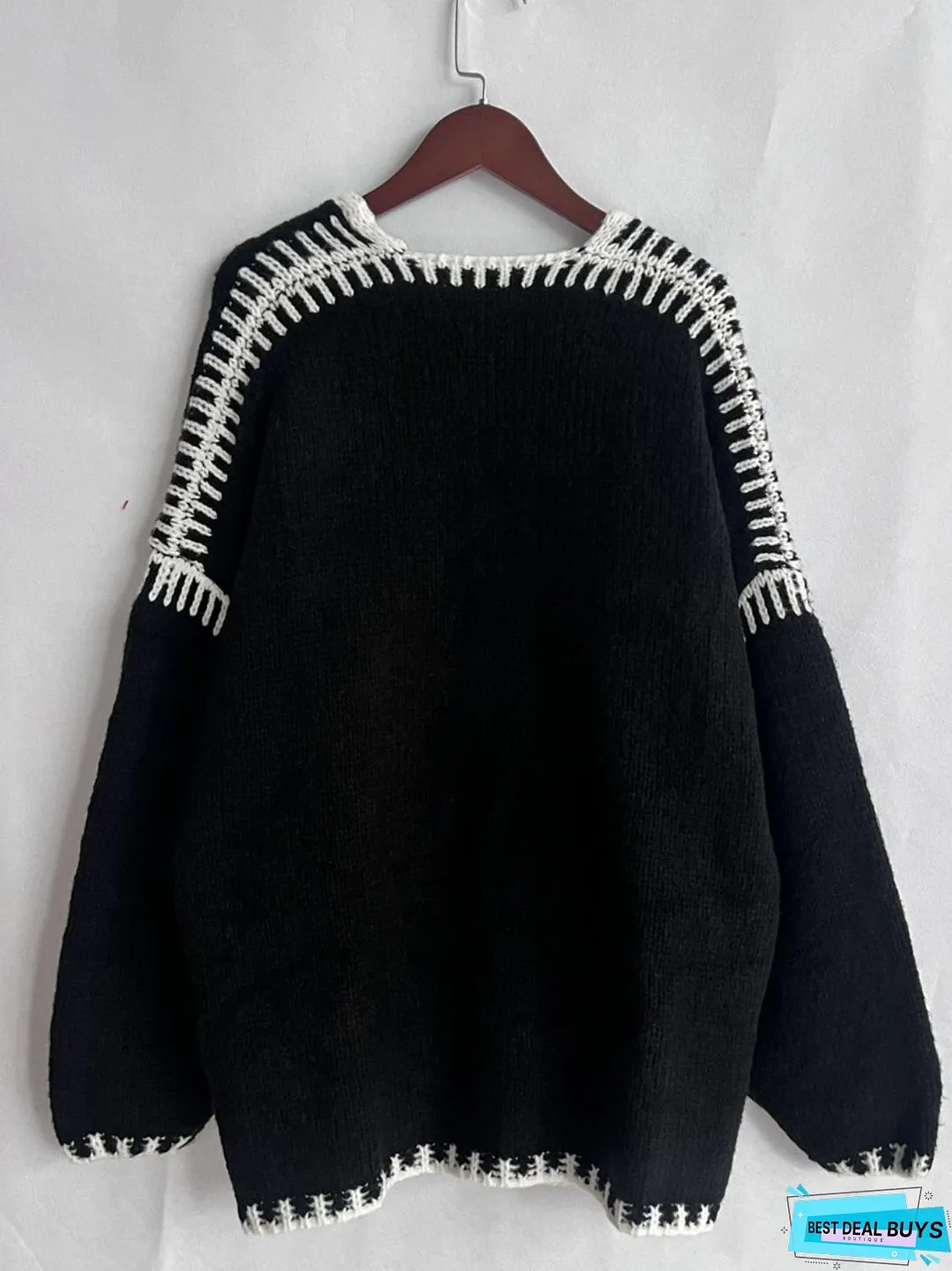 Double Take Contrast Open Front Dropped Shoulder Cardigan