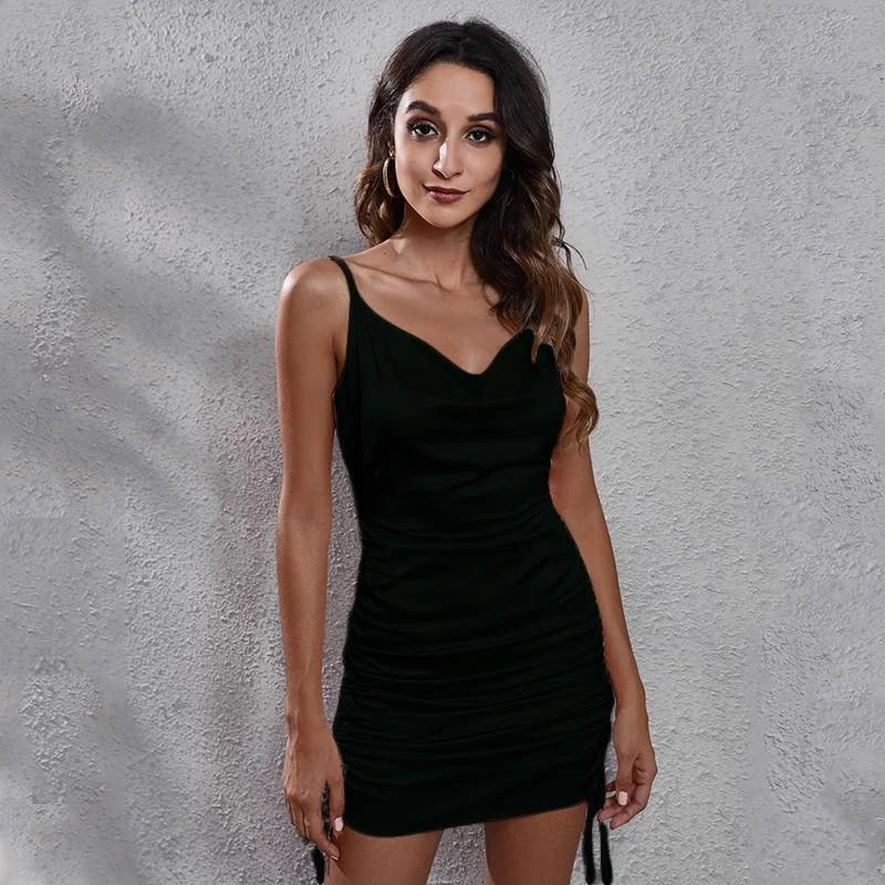 Jangj Draped Front Drawstring Ruched Satin Bodycon Dress Summer Sweetheart Neck Pencil Hem Cami Dress Women Slim Backless Dress