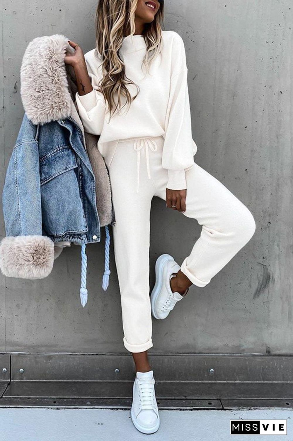 Solid Drawstring Waist Two Pieces Sets