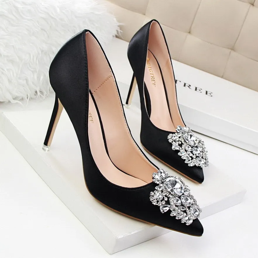 Women Fashion Crystal High Heel Shoes 2019 Sexy Pointed Toe Thin Heels Wedding Pumps Casual Elegant Sexy Green Shoes Autumn
