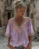 Women's Vintage Spring Floral Embroidered Art Print Flowy Linen Blend Short Sleeve Casual Tops - Image 9