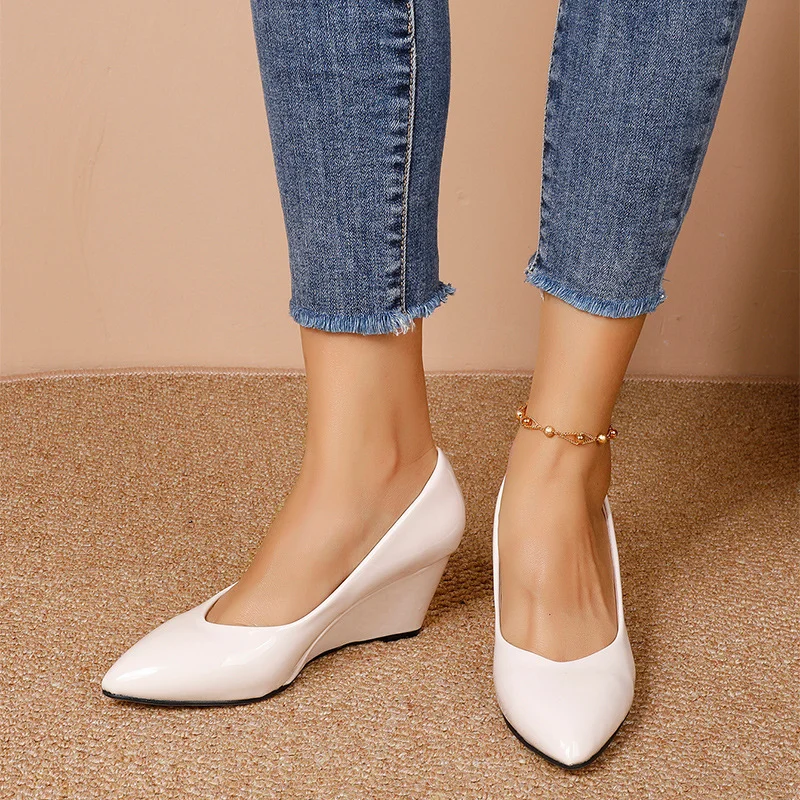 Wongn Wongn And Autumn New Slope Heel Pointed Head Shallow Mouth Single Shoes Comfortable Working Shoes Paint Leather High Heel Women's Shoes