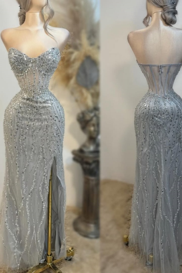 Strapless Silver Sequins Split Evening Dress | ZT0376
