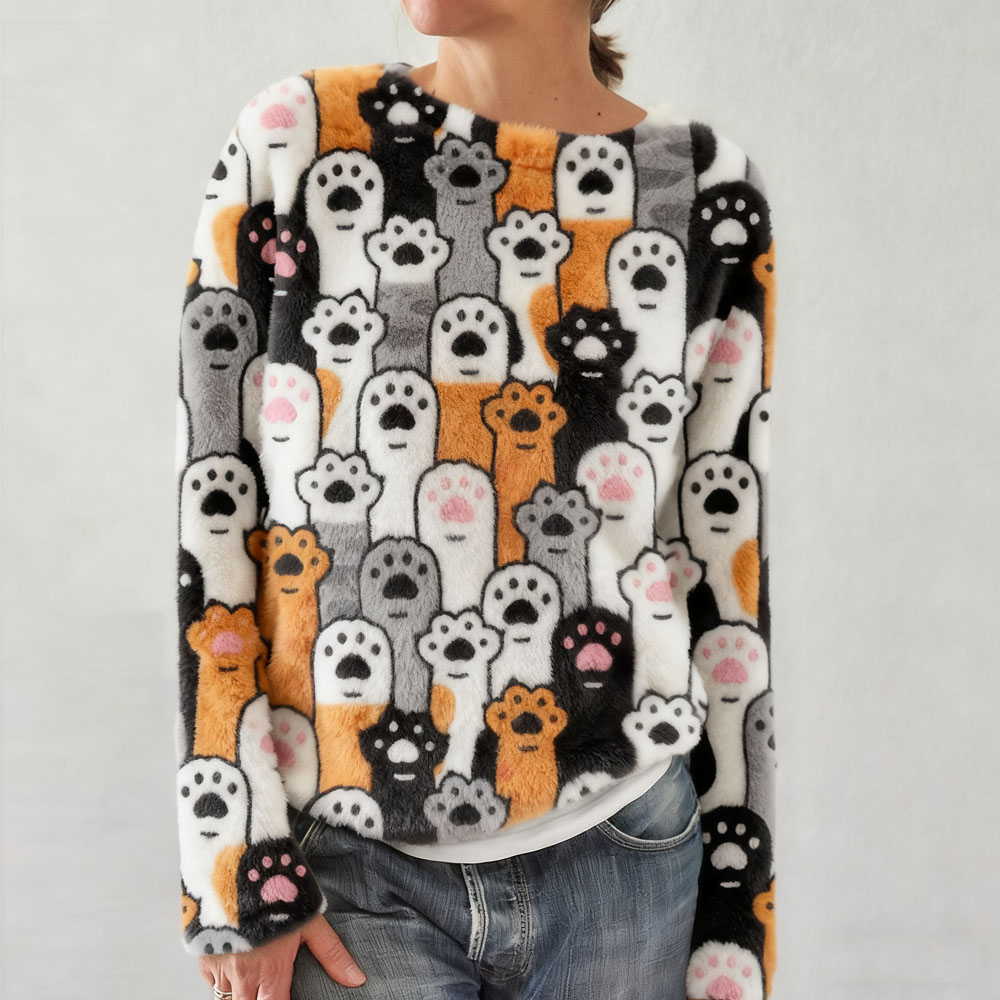 Cute Cat Paws Pattern Round Neck Cozy Plush Sweatshirt elevenforest